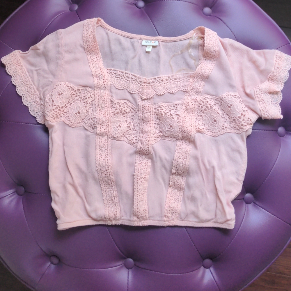 Selfie Pink Lace Trim Women's Crop Top